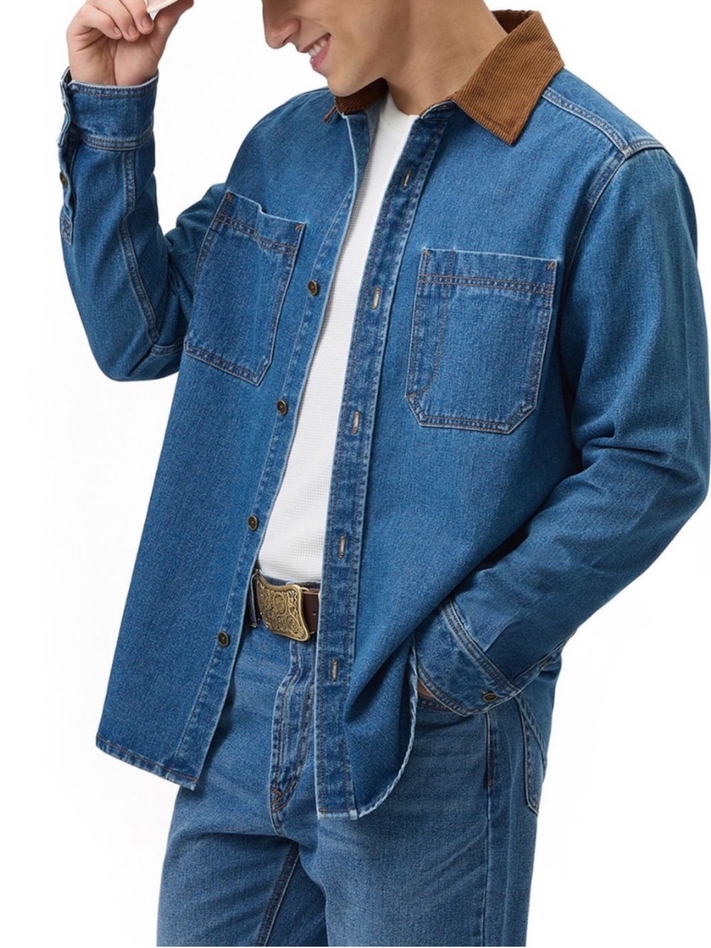 FRYE Blue Denim Shirt Jacket with Brown Corduroy Collar